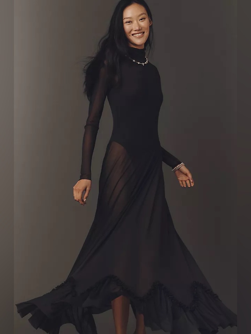 AFRM Black Sheer Long-Sleeve Mesh Maxi Dress